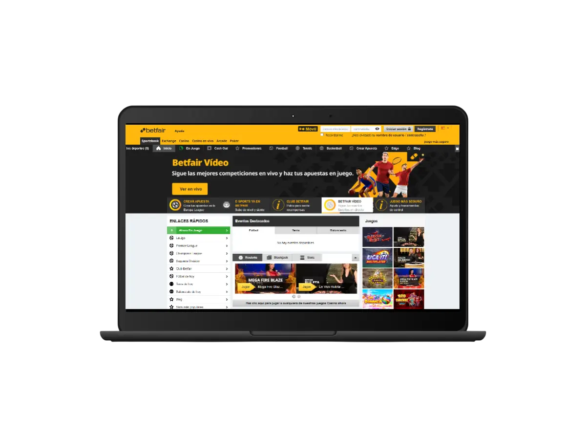 Interfaz principal de Betfair España mostrando slots y mercados de apuestas